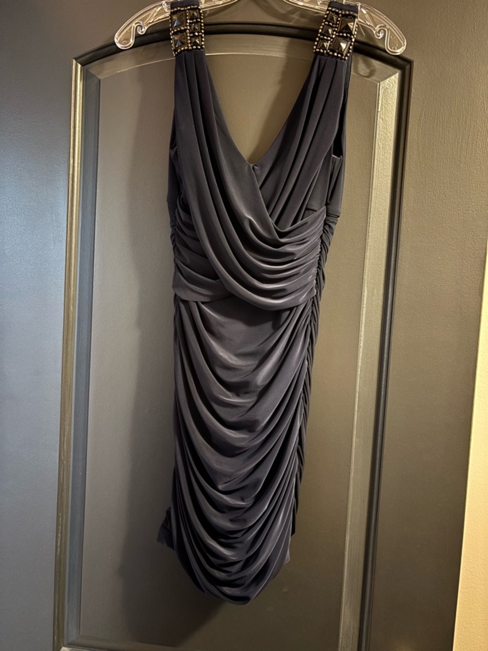 Draped Dark Navy Midi Dress with Beaded Shoulder Straps